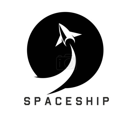 Raumschiff-Ikone von Raumschiff, Rakete und Shuttle-Vektor-Silhouette. Raketenstart oder Raumschiffstart mit Rauchspur beim Start. Isoliertes rundes Symbol für Retro-Raumfahrzeuge, Raumfahrt und Astronomie