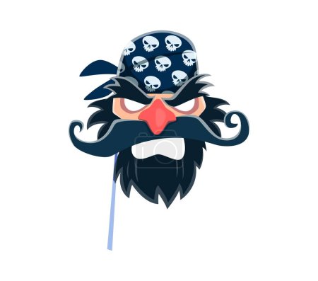 Piratenfasching und Fotokabinenmaske. Vereinzelte Cartoon-Vektor wütenden Seeräuber Gesicht mit schwarzem Bart, ein Kopftuch mit Totenkopf-Motiven und eine verspielte rote Nase. Verkleidungsspaß in Fotoautomatendekorationen V