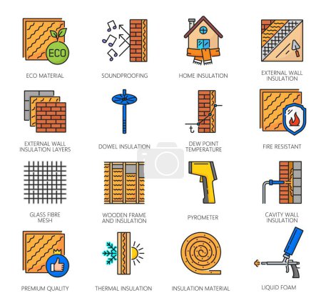 Wall thermal insulation icons, mineral wool and tools for house construction and building, outline vector. Home walls insulation, heat and cold weather protection and soundproof material layers