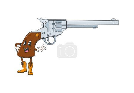 Illustration for Cartoon retro groovy wild west revolver gun character. Isolated vector western cowboy six-shot pistol personage with sharp eyes and mischievous smile, ready for a duel. Vintage handgun Texas weapon - Royalty Free Image