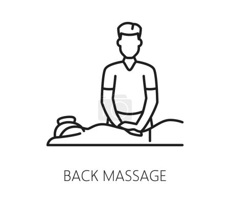 Illustration for Back massage, chiropractic medicine line icon. Isolated vector linear sign of masseur chiropractor kneading a patient back, symbol of relaxation and stress relief, massage therapy and physical comfort - Royalty Free Image