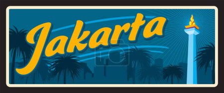 Special Capital Region of Jakarta, Indonesian city and metropolis of Indonesia. Vector travel plate, vintage tin sign, retro postcard design. Old plaque with skyline silhouette, Monas landmark