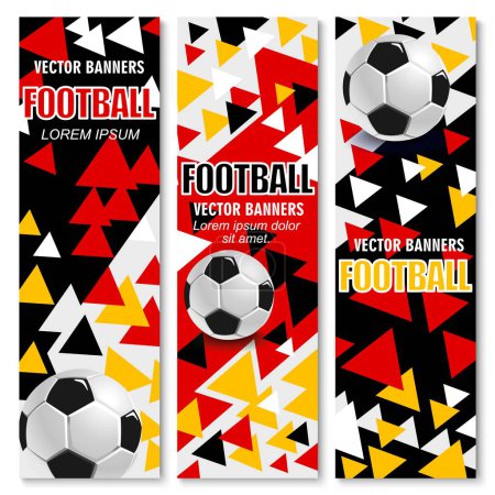 Illustration for Germany euro soccer cup 2024 banners. Vector vibrant vertical football cards with realistic 3d soccer balls, bold red, black, yellow and white geometric triangles. Dynamic sports club or game layouts - Royalty Free Image