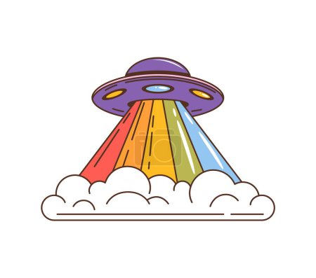 Soucoupe ufo groovy rétro, moteur spatial de l'ère psychédélique volant ou planant avec des nuages de fumée, son dôme violet et son sillage arc-en-ciel exhalant des vibrations funky et lointaines rappelant la science-fiction rétro