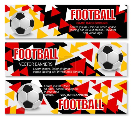 Illustration for Germany euro soccer cup 2024 banners. Vector vibrant football-themed horizontal cards for tournament league championship, with realistic 3d soccer balls, and geometric shapes in colors of German flag - Royalty Free Image