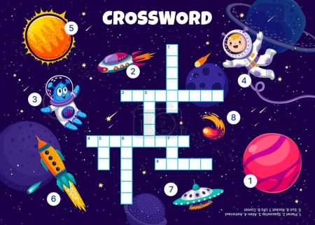 Crossword quiz game grid, galaxy space vector worksheet with kids puzzle or word maze. Cartoon astronaut and alien characters in outer space with rocket, UFO, spaceship and comet, Sun star and planets