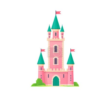Téléchargez les illustrations : Château de dessin animé, palais du royaume. Bâtiment médiéval isolé vecteur fantaisiste. Château rose princesse magique avec des tourelles imposantes, des murs crénelés et un pont-levis, des drapeaux flottants et de la verdure autour - en licence libre de droit