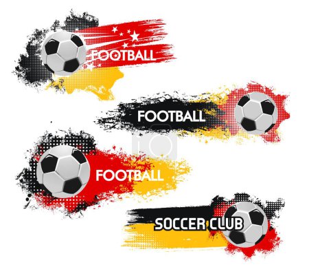 Illustration for Germany 2024 euro soccer cup grunge banners for sports club promotions. Dynamic vector football balls with vibrant halftone splashes or motion trails in red, yellow and black colors of German team - Royalty Free Image