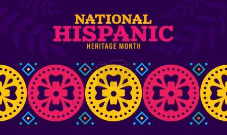 Illustration for Ethnic ornament of national hispanic heritage month festival banner. Mexican and spanish culture holiday vector poster with latino arts pattern, papel picado flags garland, tropical flowers and plants - Royalty Free Image
