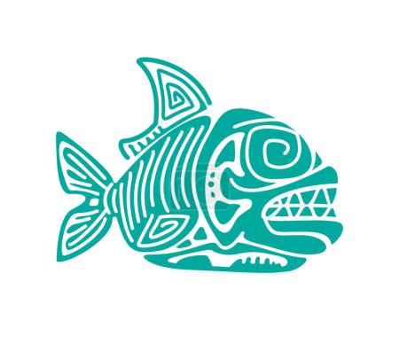 Illustration for Piranha fish, Mayan Aztec totem symbol of power and survival, resilience and adaptability in the face of challenge. Isolated vector blue sign with ethnic ornament, dangerous toothy fish with sharp fin - Royalty Free Image