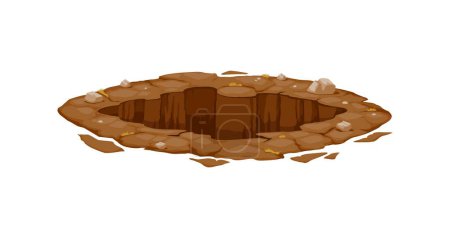 Illustration for Dirty pit and burrow, deep ground hole. Isolated cartoon vector naturalistic gap surrounded by rugged brown earth, scattered rocks, and sparse vegetation, suggesting an untouched and wild terrain - Royalty Free Image