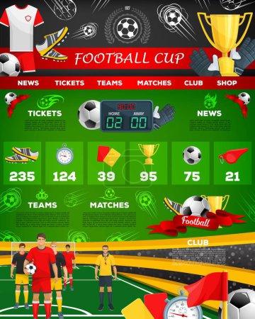 Illustration for Germany 2024 euro soccer cup infographic with key elements such as news, tickets, teams, matches, club, and shop sections. Football players, trophies, uniform items, statistics, and a stadium scene - Royalty Free Image