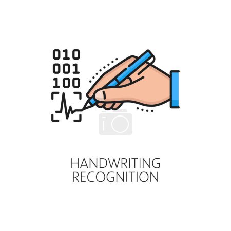 Illustration for Handwriting recognition icon of biometric identification, identity authentication and verification, line vector. Handwriting recognition technology of digital signature for ID biometric authorization - Royalty Free Image