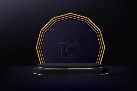 Black podium stage with golden arch frame. Vector geometric pedestal with gold accents. Elegant background in minimalist style with realistic 3d for high-end cosmetic products presentations or events