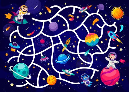 Photo for Galaxy labyrinth maze game, help to kid astronaut find his friend. Labyrinth children vector playing activity worksheet with cheerful boy astronaut and cute alien cartoon characters in outer space - Royalty Free Image