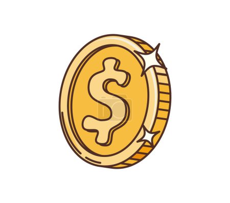 Photo for Retro groovy golden coin, hippie cartoon symbol and 70s art vector element. Groovy dollar cent coin with shiny golden sparkles, hippie or hipster style art element for t-shirt print or sticker design - Royalty Free Image