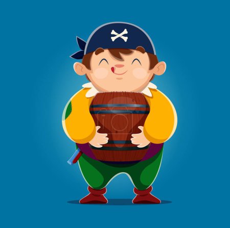 Ilustración de Personaje pirata niño de dibujos animados con barril de madera. Vector pequeño rover con una expresión de la cara lamiendo alegre, vestido con un traje colorido, sosteniendo un barril de madera. Aventura infantil e imaginación - Imagen libre de derechos