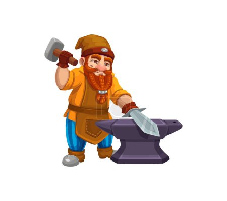 Illustration for Cartoon gnome dwarf blacksmith character. Isolated vector cheerful fantasy personage with red beard, wearing a leather apron, pointed hat and wielding a hammer, shaping a sword on an anvil in workshop - Royalty Free Image