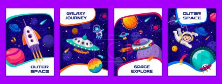 Illustration for Space posters with kid astronaut, alien and space rocket in galaxy planets landscape. Cartoon vector vertical cards with interstellar exploration, imaginative playful cosmic adventure and trip - Royalty Free Image