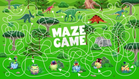 Kids labyrinth maze game, help to dinosaurs find them kids. Cartoon vector colorful children workout with various dino and their offspring eggs in a lush prehistoric jungle landscape with tangled path