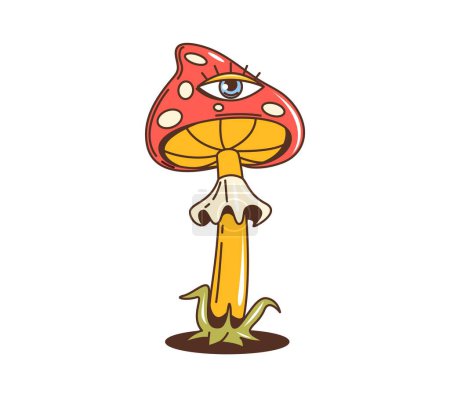 Retro groovy Space Pilz Charakter. Isolierter Cartoon-Vektor-Hippie, psychedelischer einäugiger Amanita-Pilz mit leuchtend rot gepunkteter Kappe und klobigem Stiel. Skurrile außerirdische Fliege agarische Ausstrahlung nostalgischen Vibe