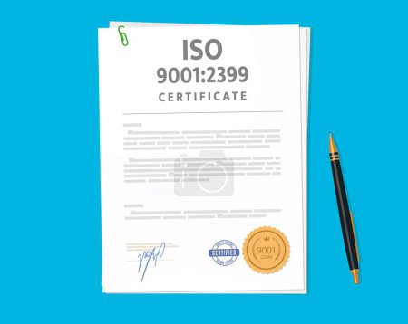 Illustration for Iso certificate document validates adherence to international standards, ensuring quality, safety and efficiency in product or service, fostering trust among stakeholders and enhancing competitiveness - Royalty Free Image