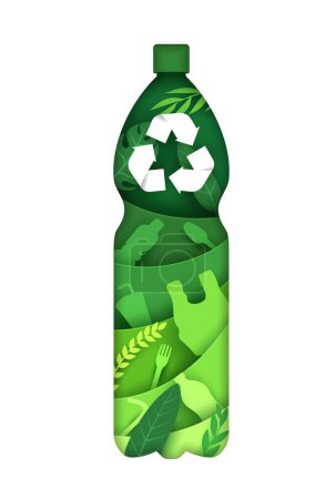 Illustration for Recycle bottle paper cut silhouette for eco recycling and ecology environment, vector banner. Plastic garbage recycling or biodegradable package concept, papercut bottle with wastes and recycle sign - Royalty Free Image