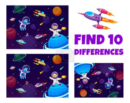 Illustration for Kids game to find ten differences on galaxy space landscape, vector worksheet quiz. Find ten differences game with kid astronaut spaceman with alien UFO saucer and rocket spaceship in galaxy sky - Royalty Free Image