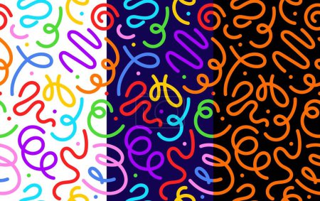 Illustration for Kids holiday squiggle line pattern. Vector vibrant, playful and colorful squiggly doodle curves across of white, blue and black vertical backgrounds. Childish party print, creative confetti ornament - Royalty Free Image