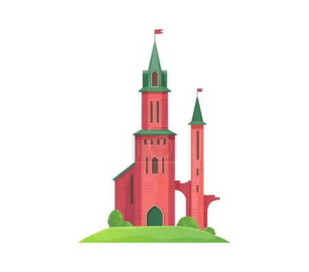 Cartoon castle, kingdom palace building. Isolated vector whimsical fairy tale fortress with tall red towers topped by green conical roofs. Medieval or fairytale architecture on a gentle green hill