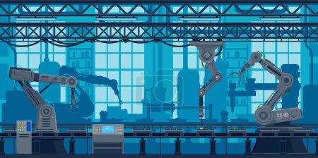 Automatic factory computer conveyor line with robots, machinery industry. Vector futuristic industrial scene with robotic arms in automated urban plant, perform manufacturing tasks, production working