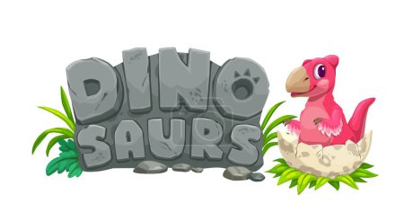 Prähistorischer Cartoon-Dino in Eierschale. Isolierte Vektor lustige Flugsaurier Baby-Dinosaurier-Charakter sitzt in der zerbrochenen Eierschale zusammen mit Text auf Steinplatte. Schönes neugeborenes, jurassisches Dinokind