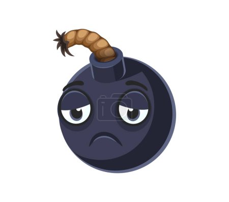 Cartoon bomb character with sad facial expression and an unlit, tattered fuse on top. Isolated vector unhappy explosive weapon emoji with gloomy face, burnt out wick, featuring large, expressive eyes