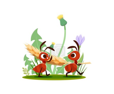 Illustration for Cartoon ants carry wheat ear for food in meadow grass, vector funny insect characters. Happy ants carrying wheat spikelet to anthill nest walking among field flowers, child cartoon illustration - Royalty Free Image