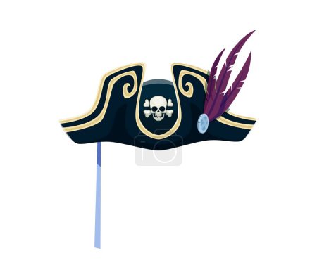 Pirate hat, carnival and photo booth mask. Isolated cartoon vector tricorn captain cap with gold trimmings, skull and crossbones emblem, purple feather, and a silver jewel. Cocked hat for photobooth