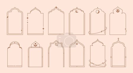Téléchargez les illustrations : Cadres d'arche Ramadan boho. Fenêtres et portes linéaires islamiques, éléments intérieurs de mosquée arabe. Ensemble de vecteurs isolés d'arcs arabes ou de portails. Architecture élégante pour les vacances musulmanes de l'Aïd Moubarak - en licence libre de droit