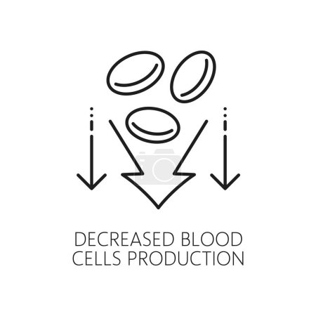 Blood cells production decrease line icon of anemia symptom, physical disease or hematology medicine. Vector red blood cells with downward arrows isolated outline sign. Anaemia disease symptom symbol