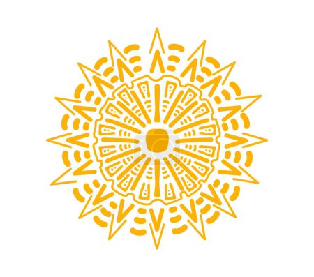 Sun Mayan Aztec totem. Isolated vector yellow ornate circle represents power, life or divinity, embodying solar energy, significance in ancient Mesoamerican culture, religious and cosmological beliefs