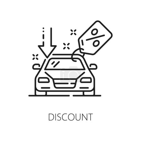 Illustration for Car company, auto dealer, dealership discount line icon. Car sale dealer, automobile buy shop or auto search center thin line vector icon. Used vehicle dealership linear sign with price drop tag - Royalty Free Image
