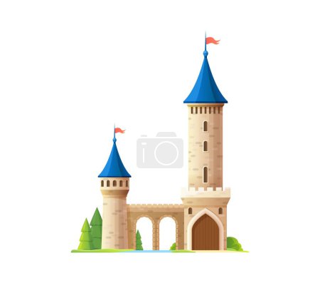 Téléchargez les illustrations : Château de dessin animé, palais du royaume. Bâtiment médiéval isolé vecteur. Château princesse magique avec tourelles et drapeaux imposants, murs crénelés, arches, pont et pont-levis et verdure autour - en licence libre de droit