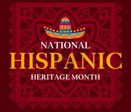 Illustration for National hispanic heritage month banner with sombrero and papel picado paper cut flag vector background. Mexican and hispanic americans culture festival poster with bright color ethnic pattern - Royalty Free Image