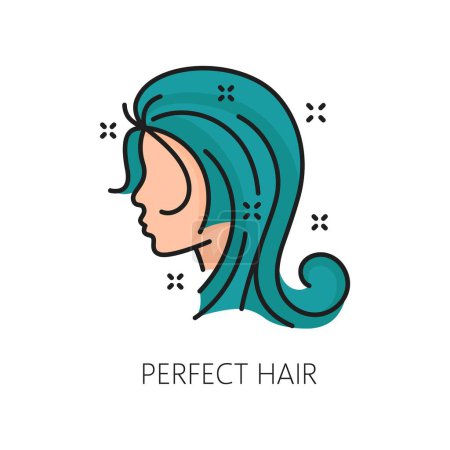 Illustration for Perfect hair care and treatment line color icon. Spa salon or bathroom cosmetics outline icon, woman beauty treatment or hair health styling and grow product thin line vector pictogram or symbol - Royalty Free Image