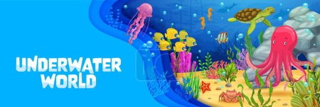 Underwater landscape with paper cut waves and sea animals. Cartoon vector seascape background with octopus, turtle, jellyfish, seahorses and crab, corals and seaweed on sandy bottom inside of 3d frame
