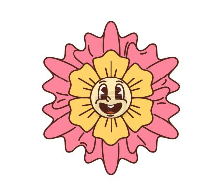 Ilustración de Dibujos animados flor retro groovy con sonrisa alegre cómico funky, cara de vector. Groovy flor hippie con rara cara divertida tonta en pétalos de color rosa o amarillo, dibujos animados psicodélicos de disco rave y arte pop hipster - Imagen libre de derechos