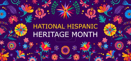 National hispanic heritage month banner with tropical flowers and plants vector pattern. Ethnic culture festival flyer of mexican and hispanic americans in floral ornaments frame on purple background
