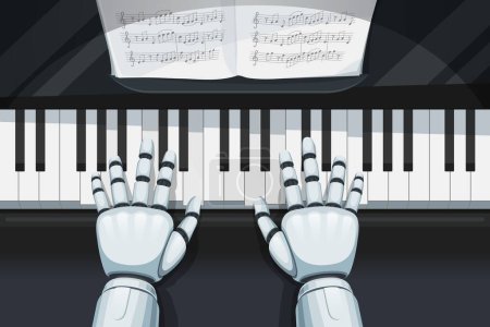 Téléchargez les illustrations : Robot pianiste, apprentissage automatique. Vecteur 3D réaliste cyborg mains sur les touches de piano vue de dessus. Intelligence artificielle musique, réseaux neuronaux technologies musicales, compositeur de robotique futuriste - en licence libre de droit