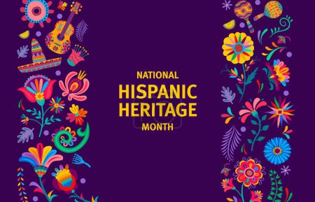 Téléchargez les illustrations : National Hispanic heritage month banner with tropical flowers, sombrero and musical instruments, vector decorative borders. Hispanic Americans ethnic culture, tradition and Latin art background - en licence libre de droit