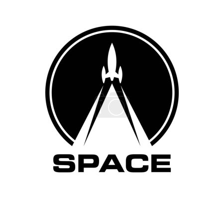 Spaceship or space rocket launch icon of vector space travel and astronomy science. Spaceship, rocket or shuttle carrier startup with smoke trace or takeoff fire flame with planet globe silhouette