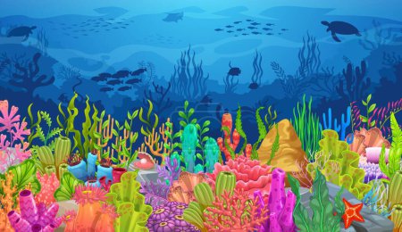 Illustration for Algae seaweeds underwater landscape. Vector aquatic scene with diverse colorful coral types, fish shoals and lush aquatic plants, showcasing marine fauna, ocean conservation, ecology or game level - Royalty Free Image