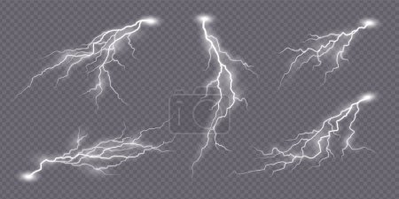 Flash strike lightning effect, thunderstorm electric spark of thunder bolt, realistic vector. Lightning electric charge of thunder light energy or thunderbolt flash sparks on transparent background